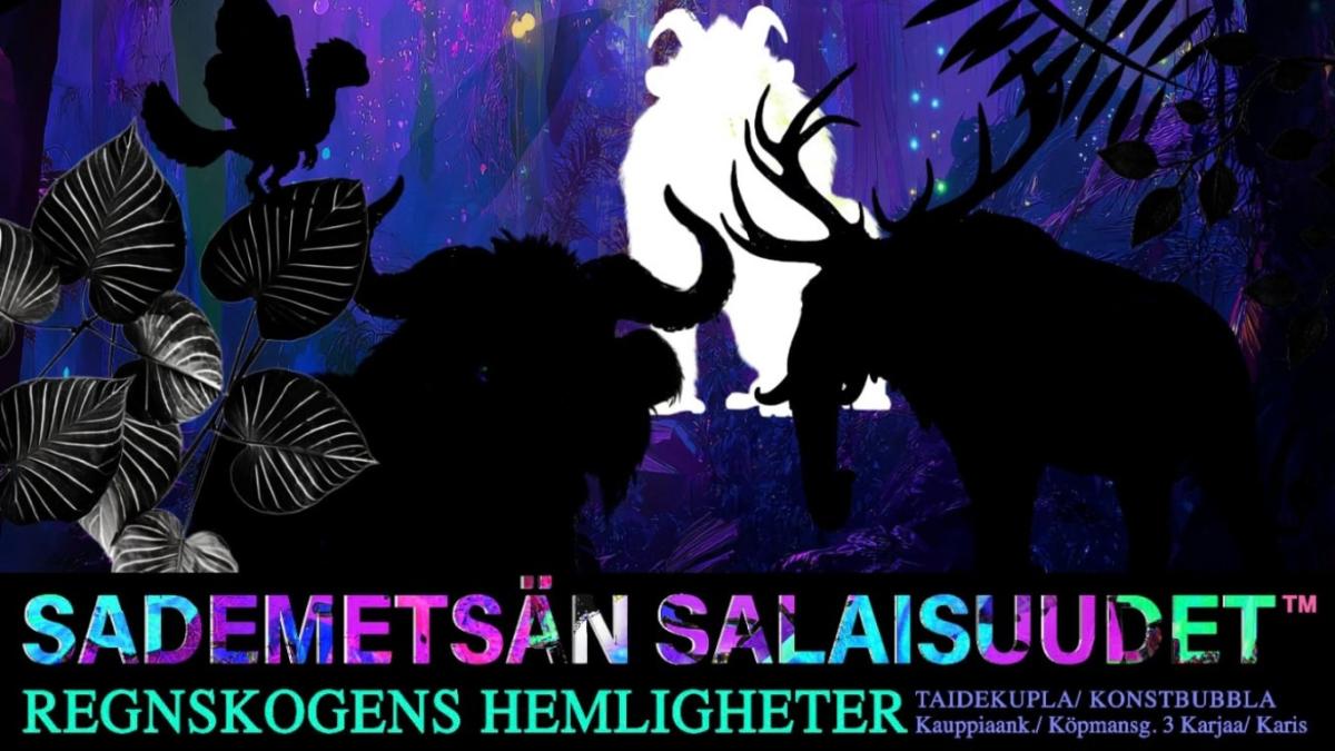 Bilden är tagen från en affisch som visar installationen Regnskogens hemligheter. En vit figur står bland mörka skuggor.