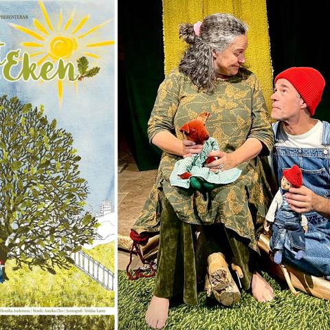 Affisch och scenbild för Elliot och Eken. Ett stort ekträd syns på affischen, och två skådespelare sitter på en scen med dockor och naturinspirerad rekvisita.